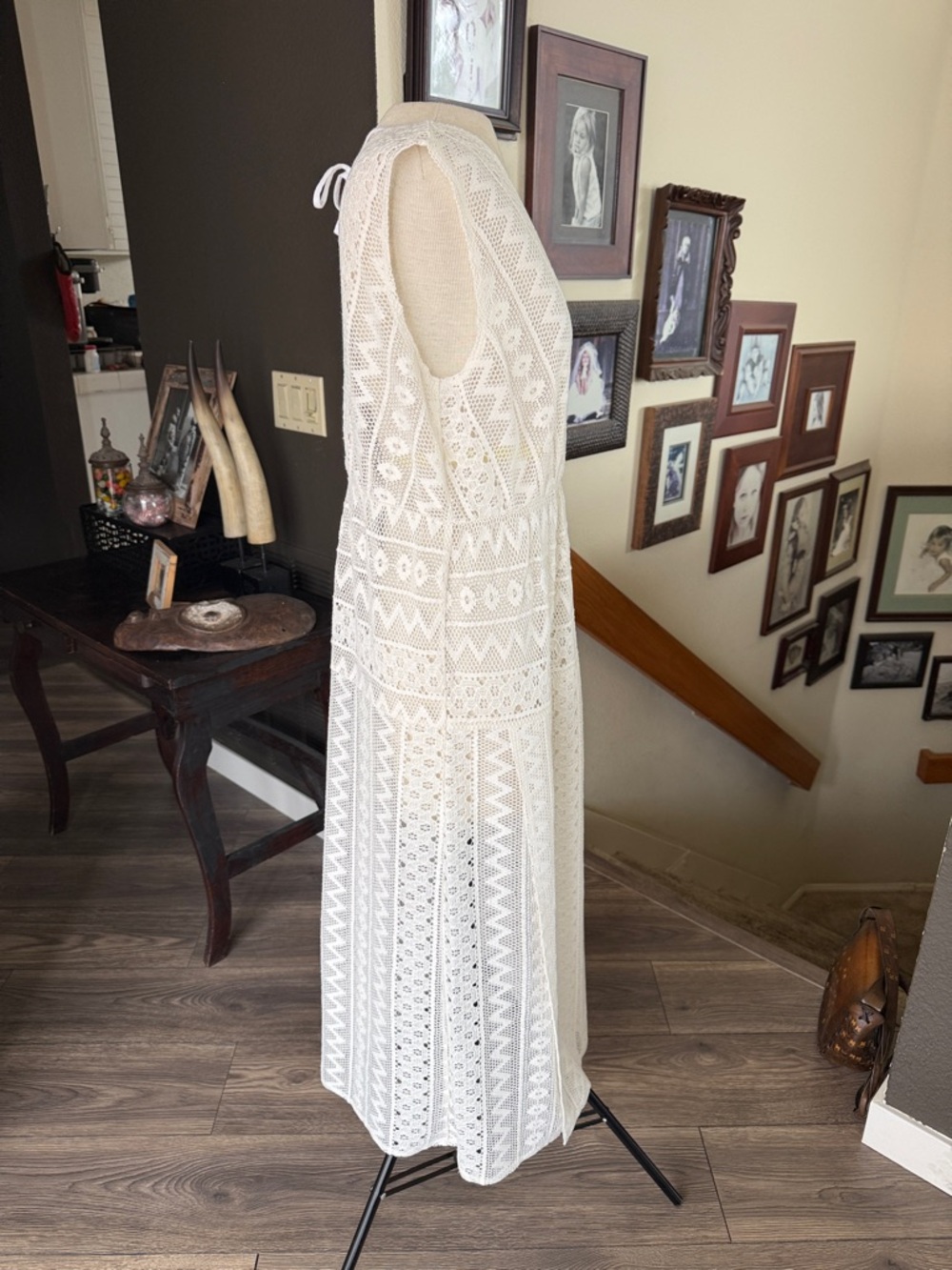 Womens White Crochet Maxi Dress - Deep V - Picture 3 of 8